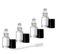 Load image into Gallery viewer, 100 MINI Clear Rollerball Bottles Stainless Steel 5mL DELUXE Dram w/ Gold or Silver Metallic Caps 1/8 Oz Roll-Ons Essential Oil Perfume