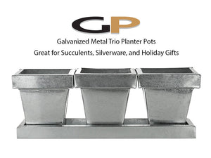 Set of 3  4" Planter  Pots with Tray 3.5" x 11.75", Galvanized Metal for Plants, Holiday Gifts, Silverware Caddy, Succulents, Brush Holder