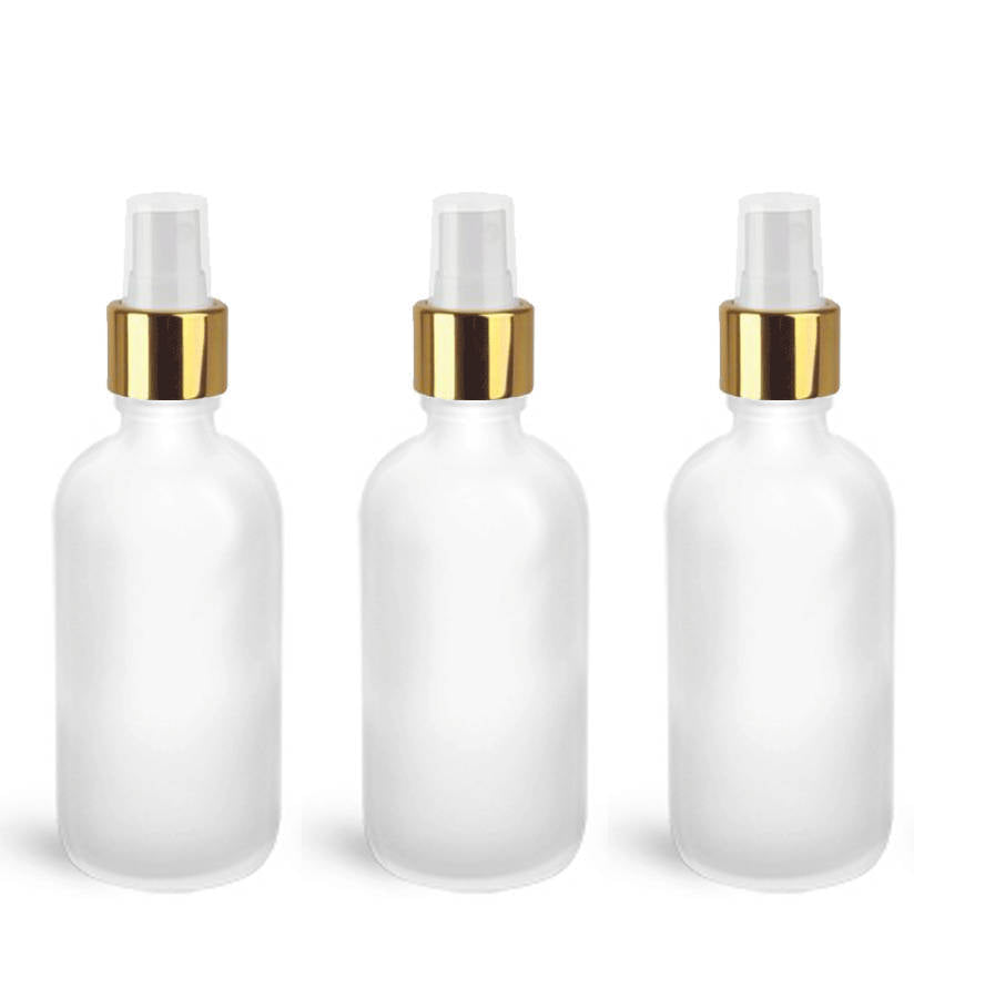 3 FROSTED 120ml Glass Bottles w/ Metallic Gold Fine Mist Atomizer 4Oz UPSCALE LUXURY Cosmetic Skincare Packaging, Fine Mist Spray