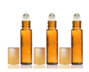 6 Pcs 10ml Amber Glass Roll-on Bottles Stainless Steel Rollerballs w/ COPPER Caps  Perfume Essential Oil, Favor, Purse Travel