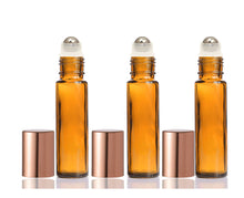Load image into Gallery viewer, 6 Pcs 10ml Amber Glass RollER Bottles Premium Glass Rollerballs w/ MATTE GOLD orCOPPER Caps Perfume Essential Oil, Purse Travel