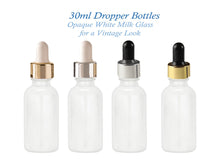 Load image into Gallery viewer, 6 White MILK GLASS 30ml Bottles w/ Metallic Gold &amp; White Dropper 1 Oz LUXURY Cosmetic Skincare Packaging, Serum Essential Oil (Not Painted)