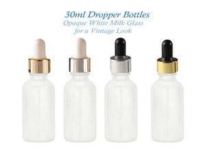 6 White MILK GLASS 30ml Bottles w/ Metallic Gold & White Dropper 1 Oz LUXURY Cosmetic Skincare Packaging, Serum Essential Oil (Not Painted)
