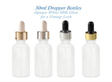 Load image into Gallery viewer, 12 White MILK GLASS 30ml Bottles Metallic Gold &amp; White Dropper 1 Oz