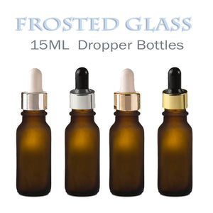 12 FROSTED AMBER 15ml Glass Bottles w/ Metallic Gold Glass Dropper Pipette 1/2 Oz Upscale LUXURY Cosmetic Packaging, Serum Essential Oil