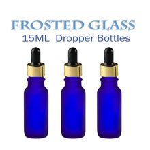 Load image into Gallery viewer, 3 FROSTED Cobalt BLUE 15ml Glass Bottles w/ Aluminum Cap with Glass Dropper 1/2 Oz Elegant LUXURY Cosmetic Packaging Serum Essential Oil