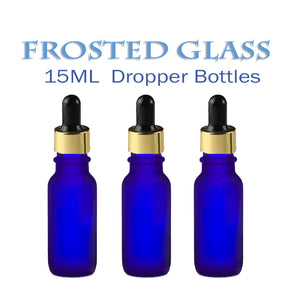 3 FROSTED Cobalt BLUE 15ml Glass Boston Round Bottles w/ Silver Aluminum Glass Dropper 1/2 Oz LUXURY Cosmetic Packaging Serum Essential Oil