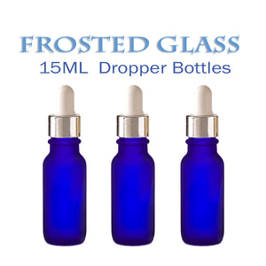 3 FROSTED Cobalt BLUE 15ml Glass Bottles w/ Aluminum Cap with Glass Dropper 1/2 Oz Elegant LUXURY Cosmetic Packaging Serum Essential Oil