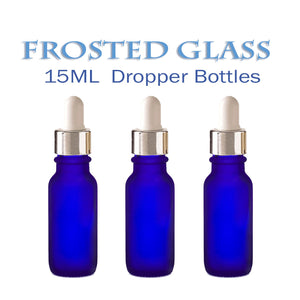3 FROSTED Cobalt BLUE 15ml Glass Boston Round Bottles w/ Silver Aluminum Glass Dropper 1/2 Oz LUXURY Cosmetic Packaging Serum Essential Oil