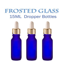 Load image into Gallery viewer, 3 FROSTED Cobalt BLUE 15ml Glass Boston Round Bottles w/ Silver Aluminum Glass Dropper 1/2 Oz LUXURY Cosmetic Packaging Serum Essential Oil
