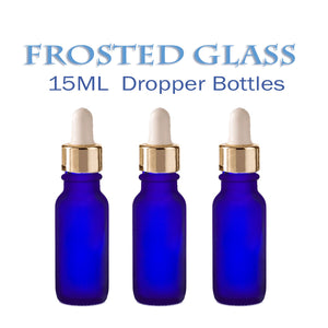 3 FROSTED Cobalt BLUE 15ml Glass Boston Round Bottles w/ Silver Aluminum Glass Dropper 1/2 Oz LUXURY Cosmetic Packaging Serum Essential Oil