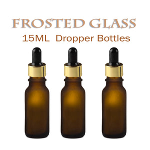 12 FROSTED AMBER 15ml Glass Bottles w/ Metallic Gold Glass Dropper Pipette 1/2 Oz Upscale LUXURY Cosmetic Packaging, Serum Essential Oil