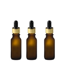 Load image into Gallery viewer, 6 FROSTED AMBER 30ml Glass Boston Round Bottles w/ Metallic Gold Glass Dropper Pipette 1 Oz Upscale LUXURY Cosmetic Product Packaging