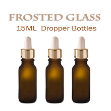 Load image into Gallery viewer, 12 FROSTED AMBER 15ml Glass Bottles w/ Metallic Gold Glass Dropper Pipette 1/2 Oz Upscale LUXURY Cosmetic Packaging, Serum Essential Oil