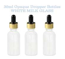Load image into Gallery viewer, 50 White Opaque MILK GLASS 30ml Bottles Metallic Gold &amp; White Dropper 1 Oz