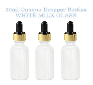 50 White Opaque MILK GLASS 30ml Bottles Metallic Gold & White Dropper 1 Oz