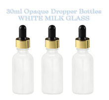 Load image into Gallery viewer, 6 White MILK GLASS 30ml Bottles w/ Metallic Gold &amp; White Dropper 1 Oz LUXURY Cosmetic Skincare Packaging, Serum Essential Oil (Not Painted)