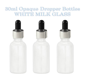 6 White MILK GLASS 30ml Bottles w/ Metallic Gold & White Dropper 1 Oz LUXURY Cosmetic Skincare Packaging, Serum Essential Oil (Not Painted)