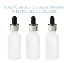 Load image into Gallery viewer, 50 White Opaque MILK GLASS 30ml Bottles Metallic Gold &amp; White Dropper 1 Oz