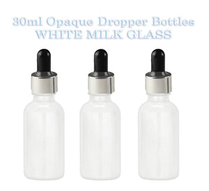 50 White Opaque MILK GLASS 30ml Bottles Metallic Gold & White Dropper 1 Oz