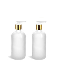 Load image into Gallery viewer, 2 Pc Set Elegant FROSTED GLASS Lotion Pump Bottles Matte SILVER Metallic Caps  Kitchen, Vanity  Counter, Boutique Vintage Body Creme Shampoo