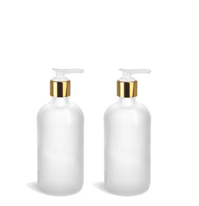 2 Pc Set Elegant FROSTED GLASS Lotion Pump Bottles Shiny SILVER Metallic Caps  Kitchen, Vanity  Counter, Boutique Vintage Body Creme Shampoo