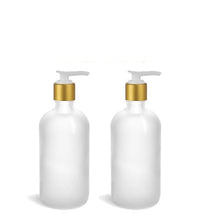 Load image into Gallery viewer, 2 Pc Set Elegant FROSTED GLASS Lotion Pump Bottles Matte SILVER Metallic Caps  Kitchen, Vanity  Counter, Boutique Vintage Body Creme Shampoo