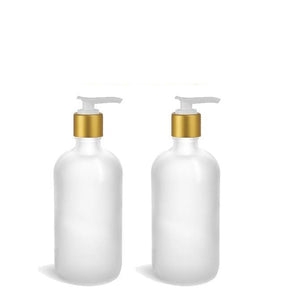 2 Pc Set Elegant FROSTED GLASS Lotion Pump Bottles Matte SILVER Metallic Caps  Kitchen, Vanity  Counter, Boutique Vintage Body Creme Shampoo