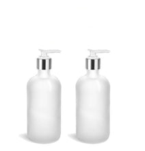 Load image into Gallery viewer, 2 Pc Set Elegant FROSTED GLASS Lotion Pump Bottles Shiny SILVER Metallic Caps  Kitchen, Vanity  Counter, Boutique Vintage Body Creme Shampoo