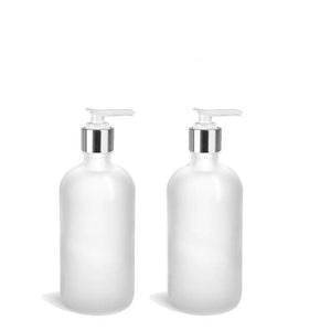 2 Pc Set Elegant FROSTED GLASS Lotion Pump Bottles Shiny SILVER Metallic Caps  Kitchen, Vanity  Counter, Boutique Vintage Body Creme Shampoo