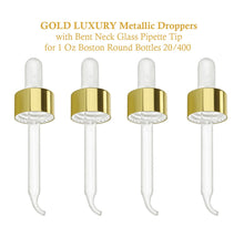 Load image into Gallery viewer, 6 LUXURY Glass &amp; Aluminum Polished Metal Shell Dropper Caps SHINY Gold/Silver 20-400 Private Label Cosmetic Serum Packaging 30ml 1 Oz BULK