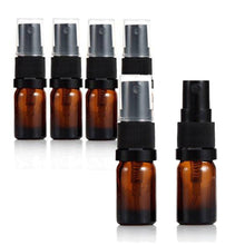 Load image into Gallery viewer, 25 Amber 10mL Essential Oil Mini Glass Spray Bottles 1/3 Oz Fine Mist Atomizers Aromatherapy, Travel Bug Repellant, Freshener, Floral Water