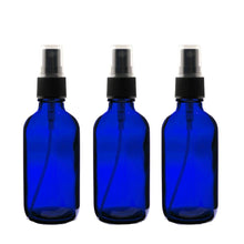 Load image into Gallery viewer, 3 BLUE 4 Oz GLASS Boston Round Bottles Essential Oil, Linen Spray, Perfume Fine Mist Sprayers with Plastic RIBBED Caps Diy Bath Body 120ml