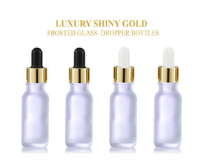 24Pcs 15ml FROSTED Glass Boston Round Bottles Premium Gold or Silver Metal Dropper Caps Essential Oil Serum Cosmetic Product Dispersal