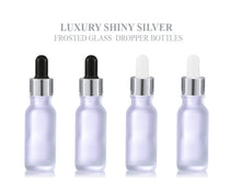 Load image into Gallery viewer, 24Pcs 15ml FROSTED Glass Boston Round Bottles Premium Gold or Silver Metal Dropper Caps Essential Oil Serum Cosmetic Product Dispersal