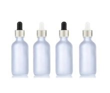 Load image into Gallery viewer, 3 FROSTED or Clear 60ml Glass Dropper Bottles w MATTE SILVER Metallic Aluminum Cap 2 Oz Cosmetic Private Label Packaging Serum Essential Oil