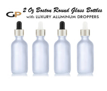 Load image into Gallery viewer, 3 Clear or FROSTED 60ml Glass Dropper Bottles w/ MATTE GOLD Metallic Aluminum Cap 2 Oz Cosmetic Private Label Packaging, Serum Essential Oil