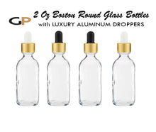 Load image into Gallery viewer, 3 Clear or FROSTED 60ml Glass Dropper Bottles w/ MATTE GOLD Metallic Aluminum Cap 2 Oz Cosmetic Private Label Packaging, Serum Essential Oil