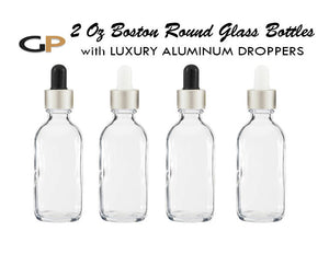 3 Clear or FROSTED 60ml Glass Dropper Bottles w/ MATTE GOLD Metallic Aluminum Cap 2 Oz Cosmetic Private Label Packaging, Serum Essential Oil