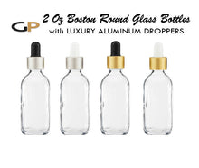 Load image into Gallery viewer, 3 Clear or FROSTED 60ml Glass Dropper Bottles w/ MATTE GOLD Metallic Aluminum Cap 2 Oz Cosmetic Private Label Packaging, Serum Essential Oil