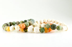 Essential Oil Diffuser Bracelet Set, Matte Green Opal, Orange Agate, White Lava, Gold Spacer Beads and Wood Beads Stacking Gemstone Jewelry