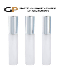 Load image into Gallery viewer, 6 LUXURY FROSTED or Clear Glass 10ml Atomizer Fine Mist Perfume Bottles GOLD Aluminum Cap 1/3 Oz Upscale Modern Packaging Perfume Colognes