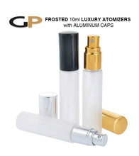 Load image into Gallery viewer, 6 LUXURY FROSTED or Clear Glass 10ml Atomizer Fine Mist Perfume Bottles GOLD Aluminum Cap 1/3 Oz Upscale Modern Packaging Perfume Colognes
