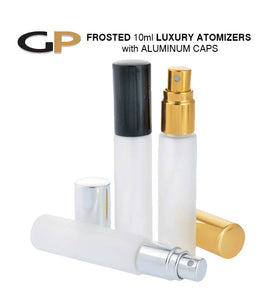 24 LUXURY FROSTED or Clear Glass 10ml Atomizer Fine Mist Perfume Bottles SILVER Aluminum Cap 1/3 Oz Upscale Modern Packaging Perfume Cologne