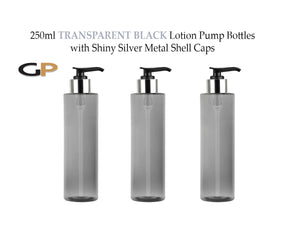 6 TRANSPARENT BLACK 250ml PET Plastic Cylinder Bottles with Shiny Silver/Black Lotion Pump Dispenser Caps Shampoo Body Cream Modern 8.3Oz