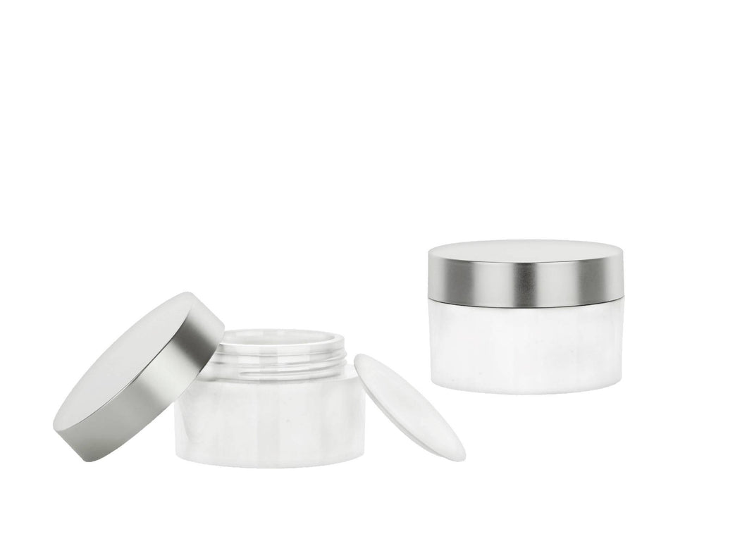 12 True LUXURY 30ml White Plastic Jars with SILVER METAL Shelled Caps Cream Solid Perfume Make-Up, Cosmetic 30 gram 1 Oz at a Great Price!