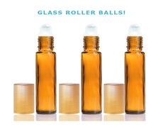 Load image into Gallery viewer, 6 Pcs 10ml Amber Glass Roll-on Bottles Stainless Steel Rollerballs w/ COPPER Caps  Perfume Essential Oil, Favor, Purse Travel