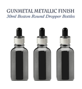 6 GUNMETAL 30ml Glass Bottles w/ Metallic Silver Glass Dropper Pipette 1 Oz UPSCALE LUXURY Cosmetic Skincare Packaging, Serum Essential Oil