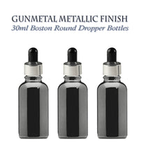 Load image into Gallery viewer, 12 GUNMETAL 30ml Glass Bottles w/ Metallic Silver Glass Dropper Pipette 1 Oz UPSCALE LUXURY Cosmetic Skincare Packaging, Serum Essential Oil