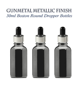 12 GUNMETAL 30ml Glass Bottles w/ Metallic Silver Glass Dropper Pipette 1 Oz UPSCALE LUXURY Cosmetic Skincare Packaging, Serum Essential Oil